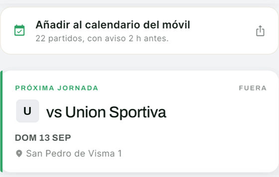 Calendario de un equipo en Amodo: botón Añadir al calendario del móvil, 22 partidos con aviso 2 h antes, y la próxima jornada, domingo 13 de septiembre en San Pedro de Visma 1