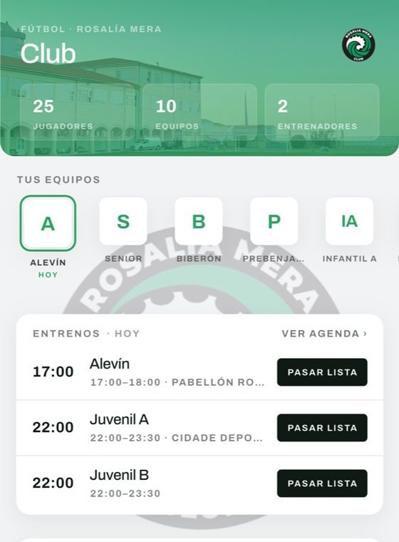 Pantalla de inicio de Amodo en el Club Rosalía Mera: sus equipos y los entrenos de hoy con el botón Pasar lista