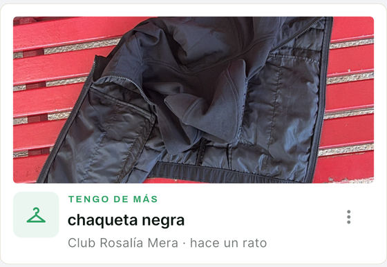 Publicación en el tablón del equipo: foto de una chaqueta negra marcada como «Tengo de más», del Club Rosalía Mera